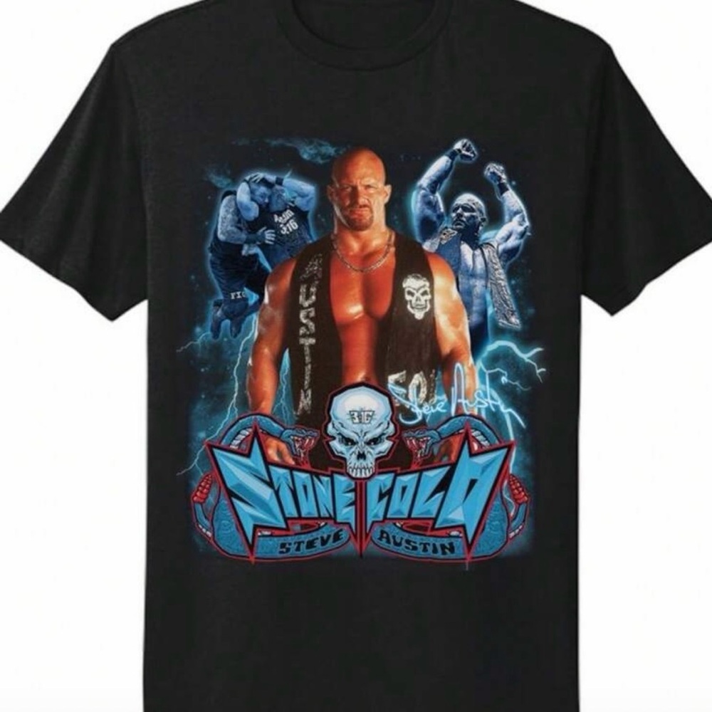 WWE Black Graphic T-Shirt with Blue and Red Accents